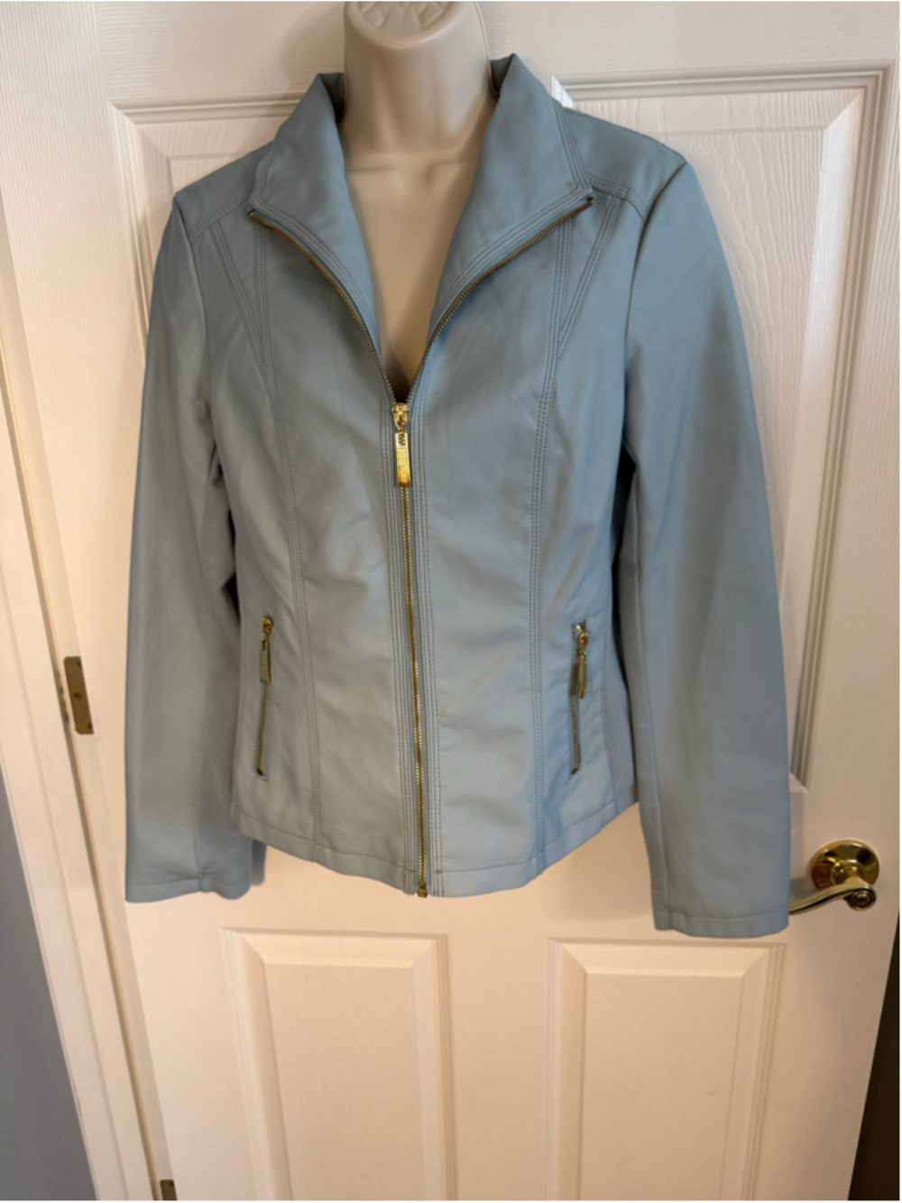 Ellen Tracy Light Blue Vegan Leather Jacket - Gold Zippers - NWOT Size Small